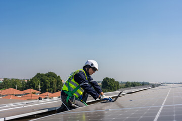 Professional engineer work to maintenance of photovoltaic panel system. 