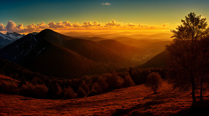 Naklejka premium Dusk Mountainview into the valley