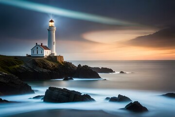 a captivating image of a majestic lighthouse standing tall on a rugged coastline, its beacon shining brightly to guide ships safely through the night.