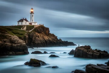 Fototapeta na wymiar a captivating image of a majestic lighthouse standing tall on a rugged coastline, its beacon shining brightly to guide ships safely through the night.