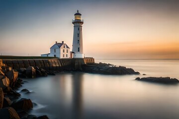 a captivating image of a majestic lighthouse standing tall on a rugged coastline, its beacon shining brightly to guide ships safely through the night.