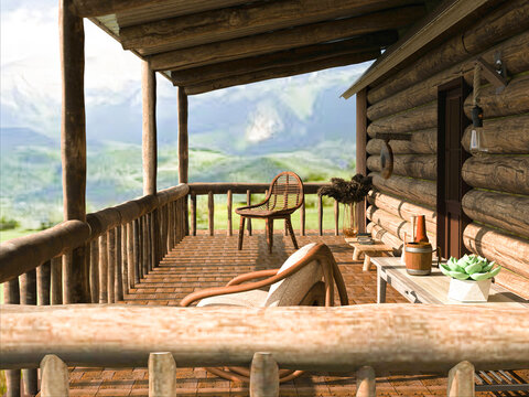 Cabin balcony with rustic decoration and furnishing with views of the mountains and afternoon sun. Exterior design. Outdoor decoration. 3d rendering