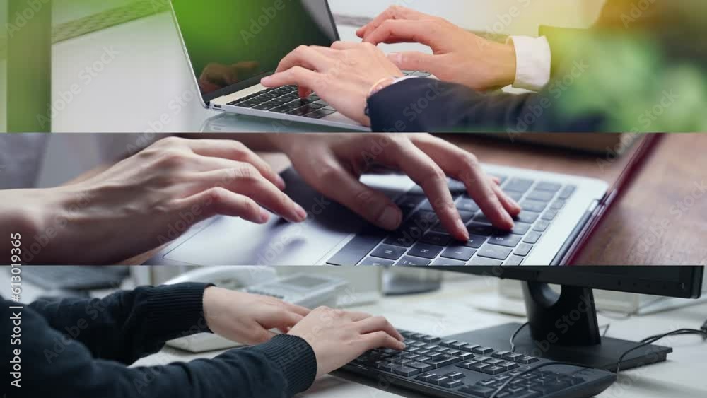 Poster collage movie of group of people using computers. wipe transition from white background.