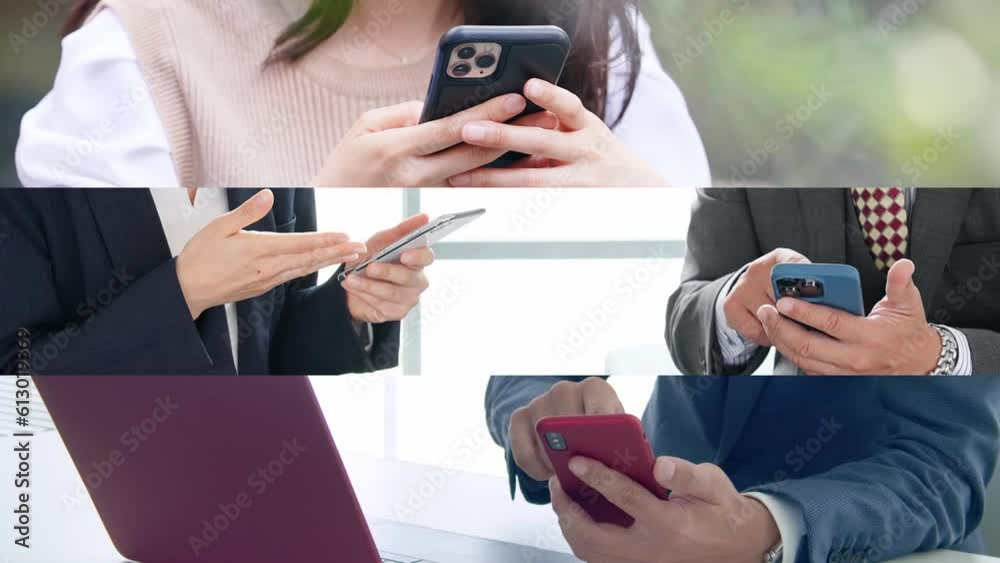 Poster Collage movie of group of people using smart phone. Wipe transition from white background.