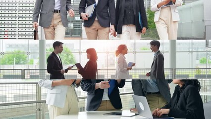 Collage movie of various business scenes. Wipe transition from white background.