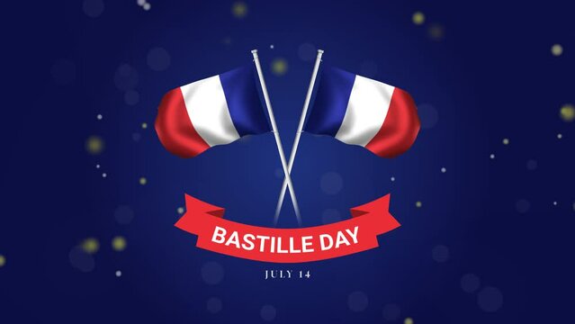Bastille day france celebration lettering with flag animation. 14 July, Bastille Day Simple Animation. F&ecirc;te Nationale Fran&ccedil;aise, 14 Juillet. French National Holiday, Waving Flag Animation.