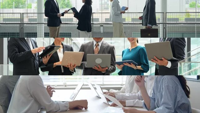 Collage movie of various business scenes. Wipe transition from white background.