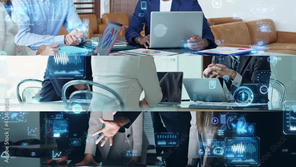 Poster Collage movie of various business scenes and digital data concept. Wipe transition from white background.