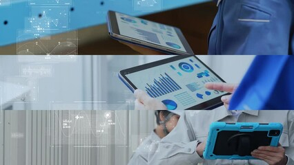 Collage movie of group of engineers using tablet PC and digital data concept. Wipe transition from white background. - Powered by Adobe