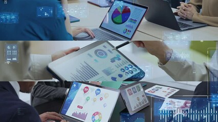 Collage movie of various business scenes and digital data concept. Wipe transition from white background. - Powered by Adobe