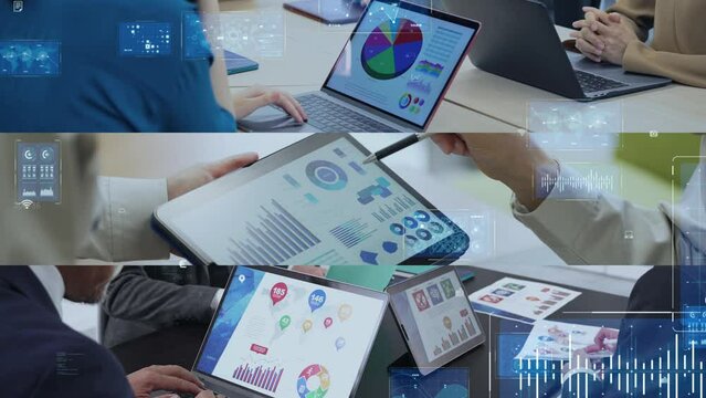 Collage movie of various business scenes and digital data concept. Wipe transition from white background.