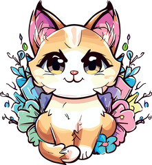 Whiskered Blooms: Cute Cat Flower Watercolor Illustration, Generative AI