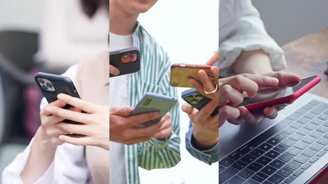 Collage movie of group of people using smart phone. Wipe transition from white background.