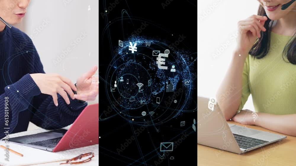 Poster collage movie of group of people calling with video conference system and communication network conc