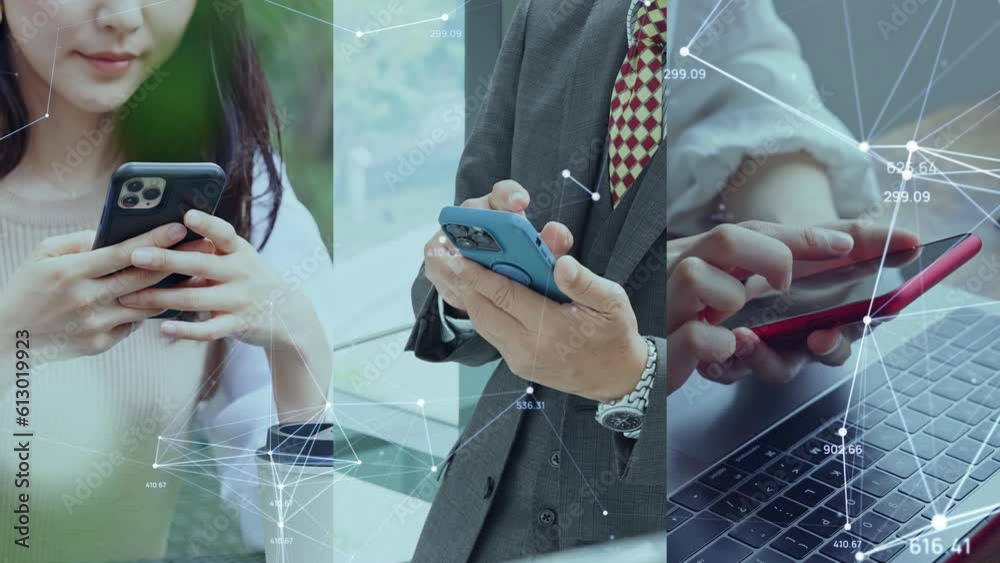 Poster スマホを使う人々と通信ネットワークのコラージュ映像　白バックからのワイプトランジション