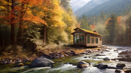 Beautiful tiny house next to a river in a forest. Generative AI