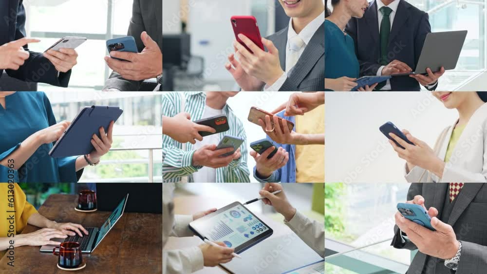 Poster collage movie of group of people using smart phone. scale transition animation.