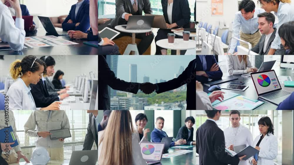 Aufkleber collage movie of various business scenes. scale transition from handshake scene.