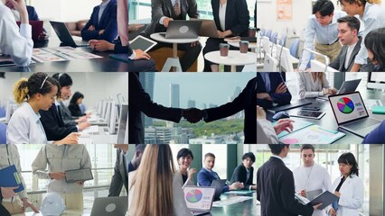 Collage movie of various business scenes. Scale transition from handshake scene.