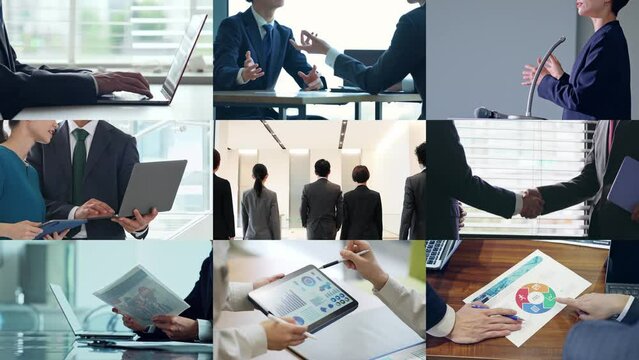 様々なビジネスシーンのコラージュ映像　拡大縮小トランジション