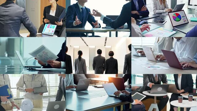 様々なビジネスシーンのコラージュ映像　拡大縮小トランジション