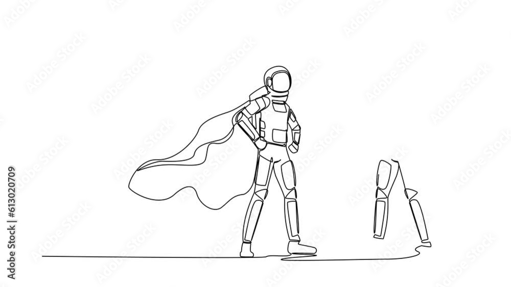 Poster self drawing animation of single line draw astronaut looking at reflection in mirror and seeing supe