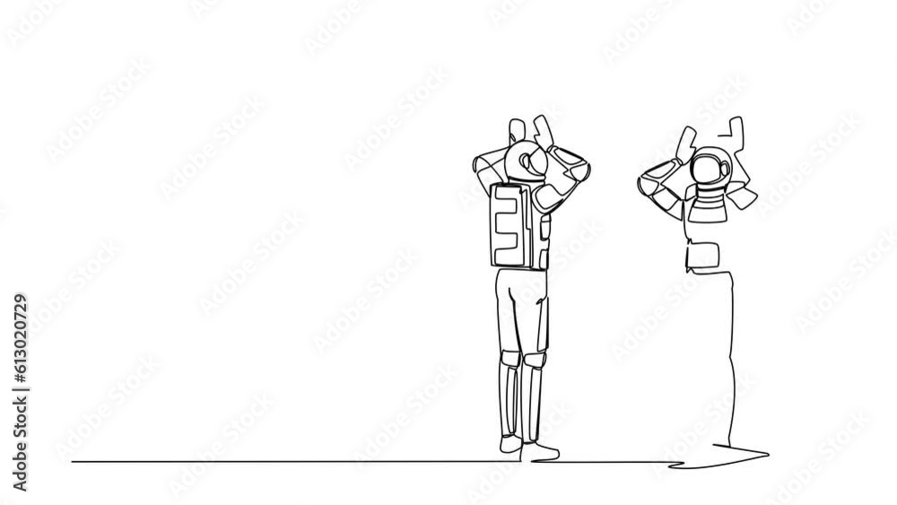 Poster animated self drawing of continuous line draw astronaut looking himself in mirror reflection with li