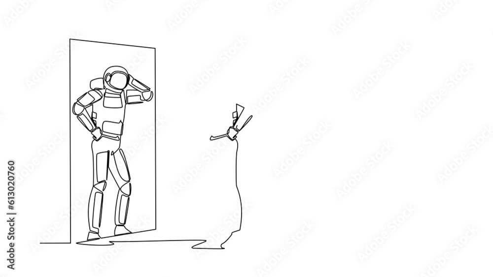 Poster self drawing animation of single line draw astronaut standing with style in front of mirror. spacema