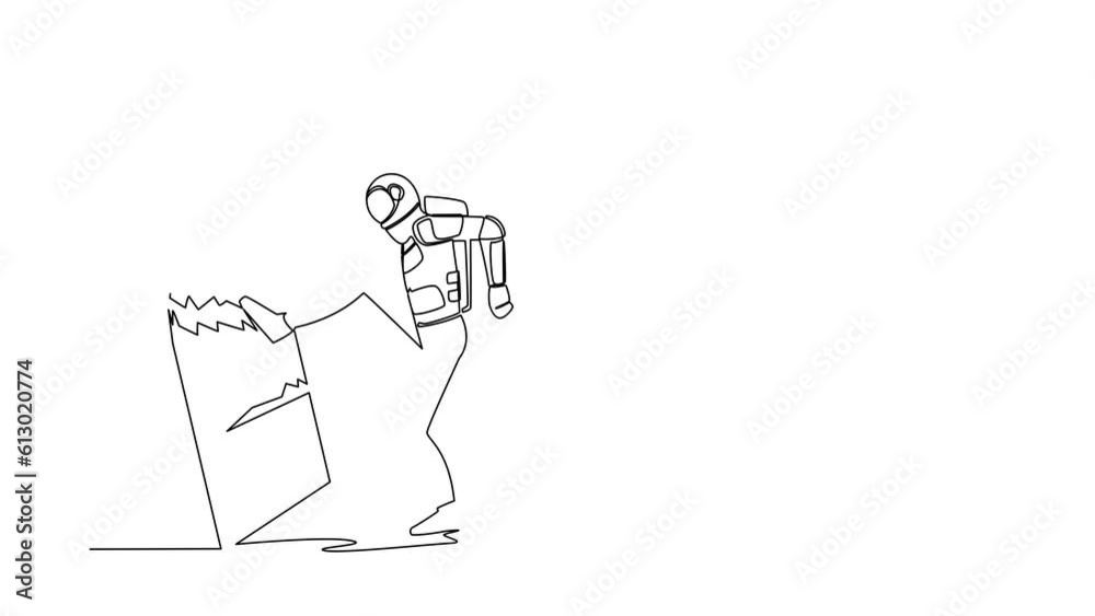 Poster animated self drawing of continuous line draw astronaut kicked mirror and shattered. breaking imposs