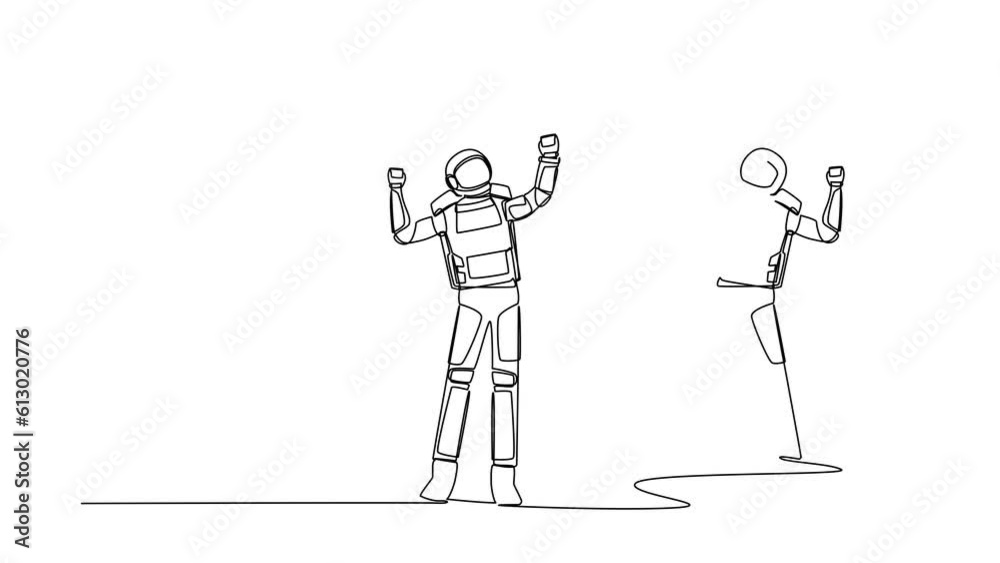Poster animated self drawing of continuous line draw astronaut look in mirror with raised hands. reflection