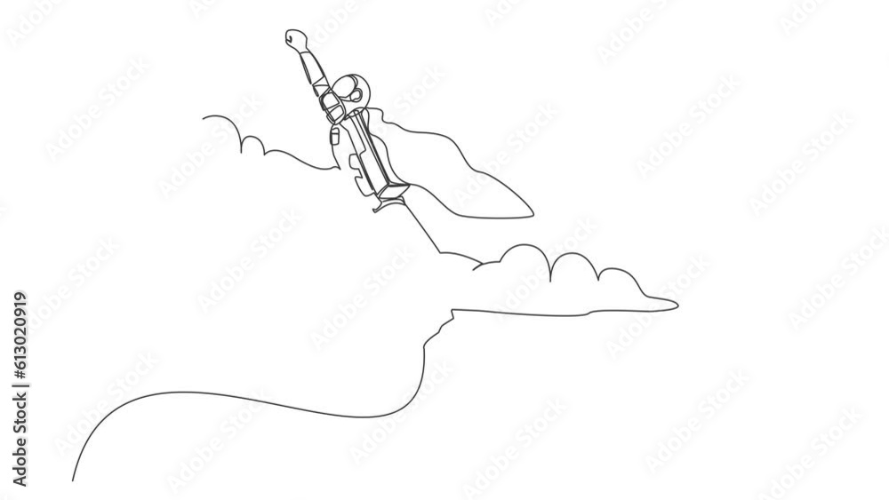 Poster animated self drawing of continuous line draw super astronaut in cloak flying up to cloud sky. space