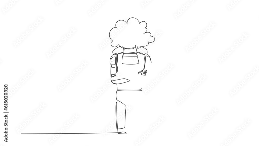 Poster animated self drawing of continuous line draw of young astronaut with empty head and cloud instead. 