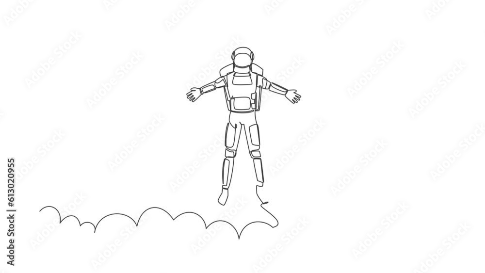 Poster animated self drawing of continuous line draw astronaut on top of cloud with raised hand. successful