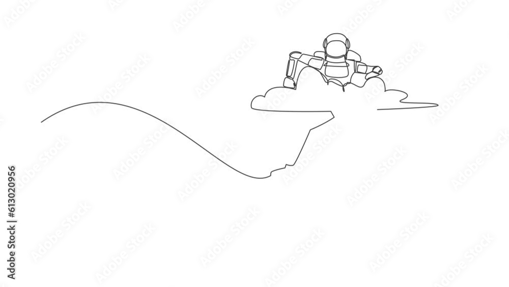 Poster animated self drawing of single continuous line draw astronaut hang in clouds. hoping for successful