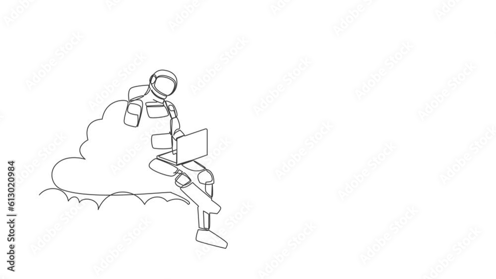 Poster animated self drawing of continuous line draw astronaut sitting on cloud in sky working with laptop.