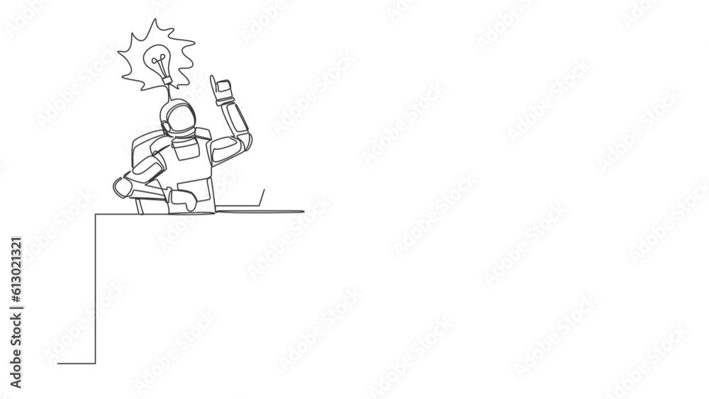 Poster animated self drawing of continuous line draw astronaut getting bright new idea while working with l