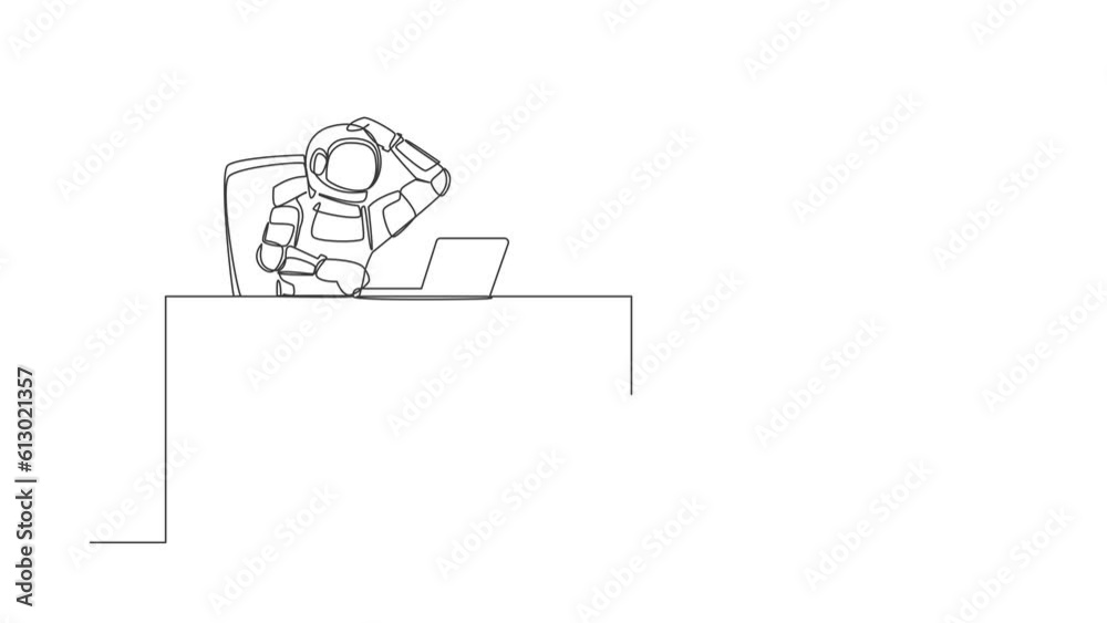 Poster self drawing animation of single line draw confused astronaut working on computer laptop at desk. fu