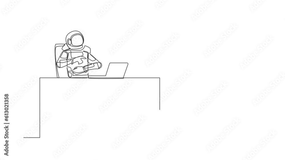 Poster animated self drawing of single continuous line draw of astronaut laughing out loud while pointing h
