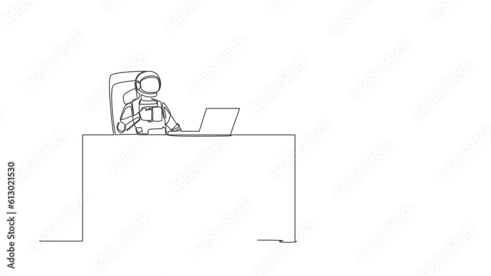 Poster animated self drawing of single continuous line draw astronaut relaxed at desk drink cup of coffee. 