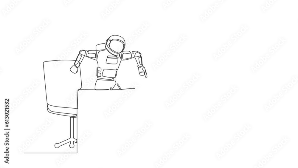 Poster animated self drawing of continuous line draw astronaut standing and shouting on laptop screen at wo