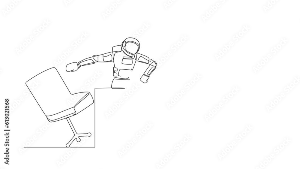 Poster self drawing animation of single line draw of frustrated astronaut angry and throwing laptop from wo