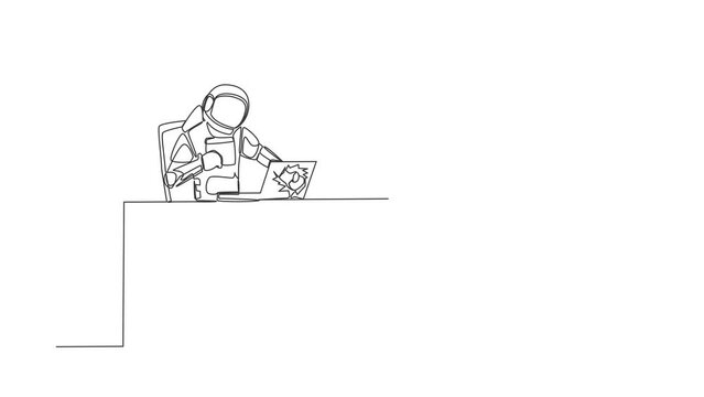 Self drawing animation of single one line draw young astronaut breaks his laptop computer hitting it with clenched fist at working desk. Cosmic galaxy space. Continuous line draw. Full length animated