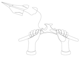 One continuous line of Paper Airplane with Wrench. Thin Line Illustration vector concept. Contour Drawing Creative ideas.