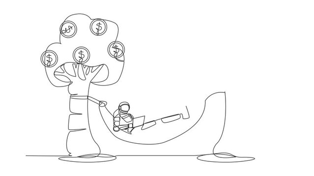 Self drawing animation of single line draw astronaut typing with laptop in hammock tied on money tree with dollar coin. Relaxing after expedition. Cosmic galaxy. Continuous line. Full length animated