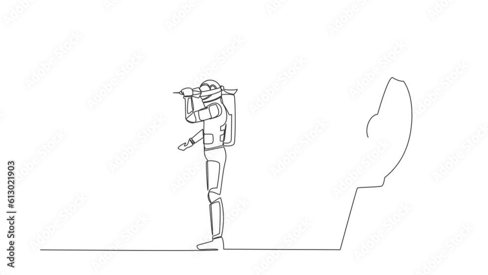 Poster animated self drawing of continuous line draw astronaut using blindfold and shoot dart on wrong targ