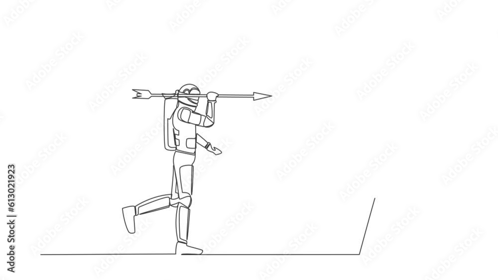 Poster animated self drawing of continuous line draw astronaut using blindfold shoot dart on target. confus