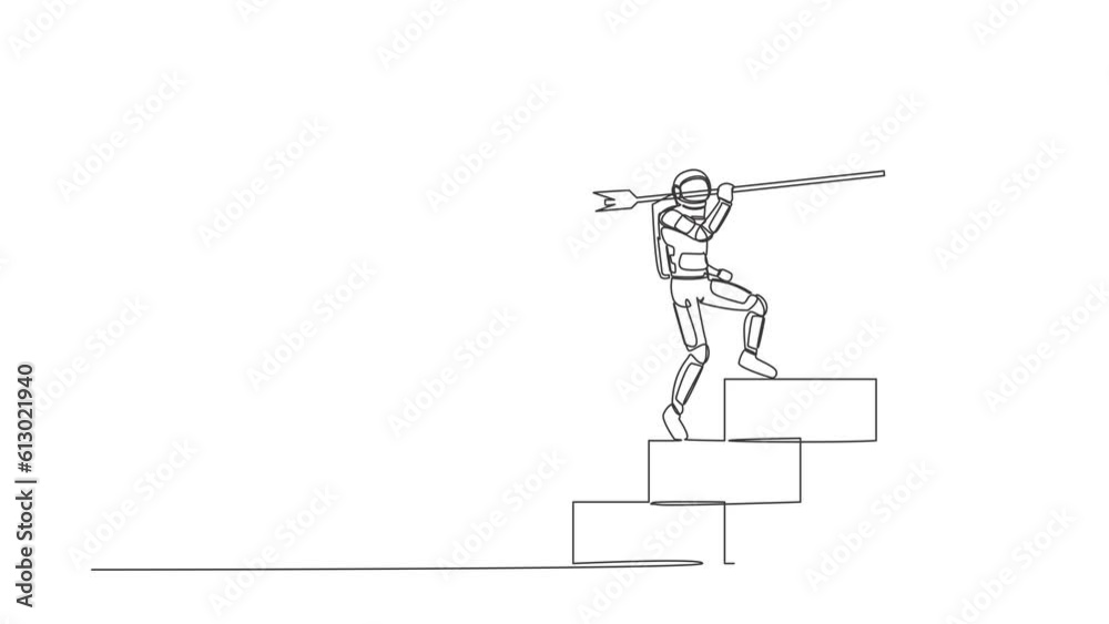 Poster self drawing animation of single line draw astronaut with stuck arrow on stairs towards target. path