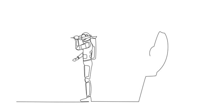 Animated self drawing of continuous line draw astronaut using blindfold and shoot dart on wrong target. Failed spaceman in space exploration. Cosmonaut outer space. Full length single line animation