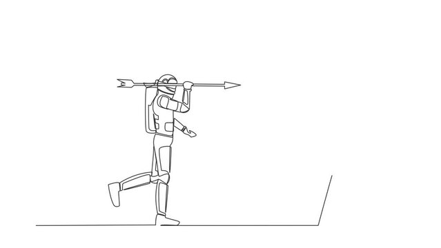 Animated self drawing of continuous line draw astronaut using blindfold shoot dart on target. Confused blindfold spaceman in interstellar wormhole. Cosmonaut deep space. Full length one line animation