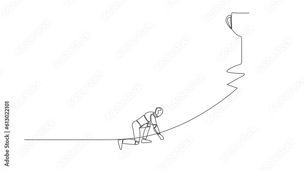 Poster animated self drawing of continuous line draw of robot get ready to sprint run get trophy. humanoid 